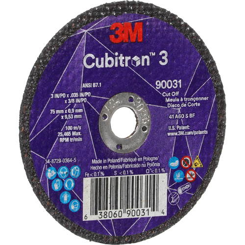 Meule &agrave; tronçonner Cubitron 3, 3" x 0,035", Arbre de 3/8", Type T1, C&eacute;ramique, 21000 Tr/min Equipex