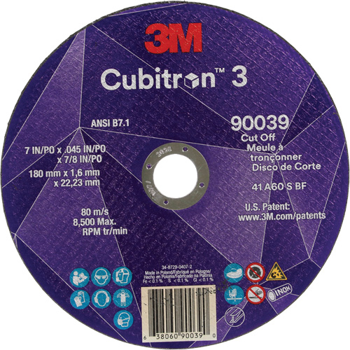 Meule &agrave; tronçonner Cubitron 3, 7" x 0,09", Arbre de 7/8", Type T27, C&eacute;ramique, 8500 Tr/min Equipex