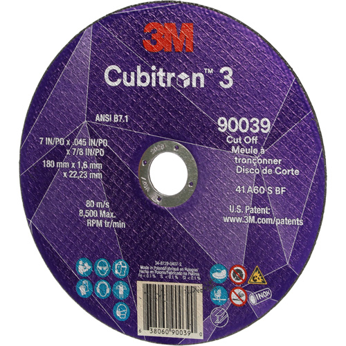 Meule &agrave; tronçonner Cubitron 3, 7" x 0,09", Arbre de 7/8", Type T27, C&eacute;ramique, 8500 Tr/min Equipex