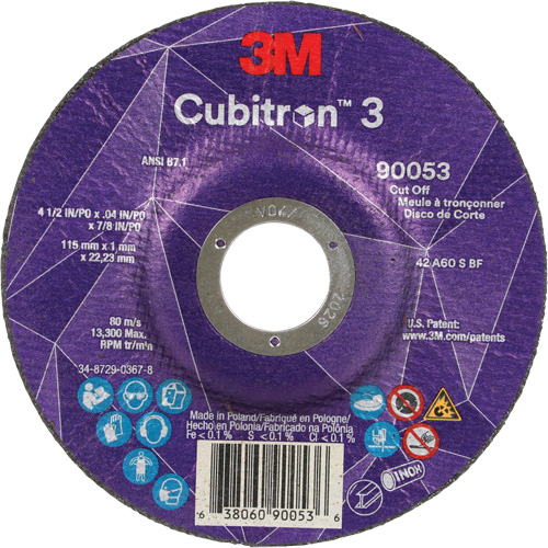 Meule &agrave; tronçonner Cubitron 3, 4-1/2" x 0,04", Arbre de 7/8", Type T27, C&eacute;ramique, 13 300 Tr/min Equipex