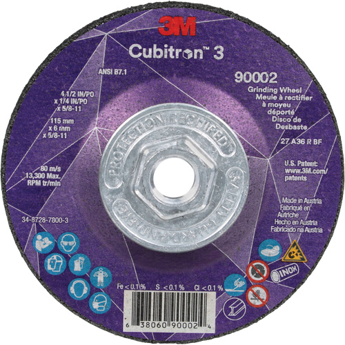 Meule a moyeu d&eacute;port&eacute; Cubitron 3, 4-1/2" x 1/4", Arbre 5/8"-11, C&eacute;ramique, Type T27 Equipex