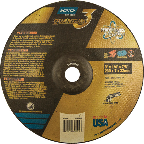 Quantum 3 SG Depressed Center Grinding Wheel, 9" x 1/4", 7/8" Arbor, Type 28, Ceramic, 6600 RPM Equipex