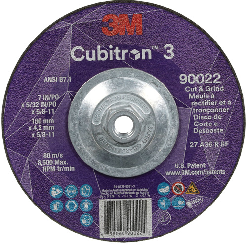 Cubitron 3 Cut and Grind Wheel, 7" x 5/32", 5/8"-11 Arbor, Type 27, 36 Grit, Ceramic Equipex