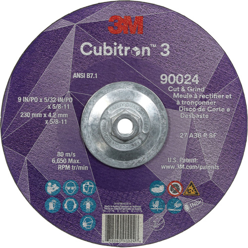 Cubitron 3 Cut and Grind Wheel, 9" x 5/32", 5/8"-11 Arbor, Type 27, 36 Grit, Ceramic Equipex