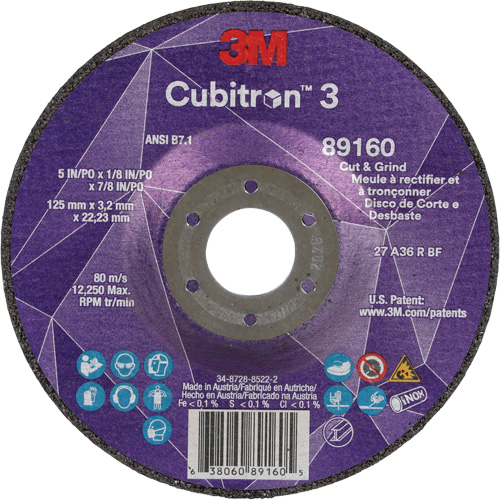 Cubitron 3 Cut and Grind Wheel, 5" x 1/8", 7/8" Arbor, Type 27, 36 Grit, Ceramic Equipex