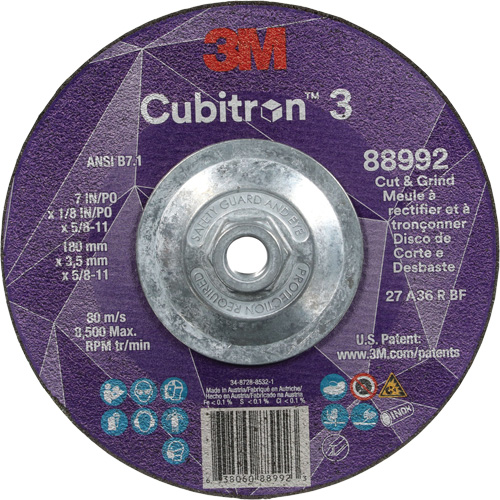Meule &agrave; rectifier et &agrave; tronçonner Cubitron 3, 7" x 1/8", Arbre de 5/8"-11, Type 27, Grain de 36, C&eacute;ramique Equipex