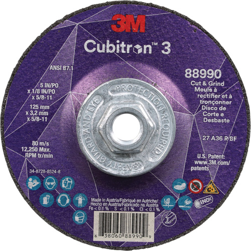 Cubitron 3 Cut and Grind Wheel, 5" x 1/8", 5/8"-11 Arbor, Type 27, 36 Grit, Ceramic Equipex