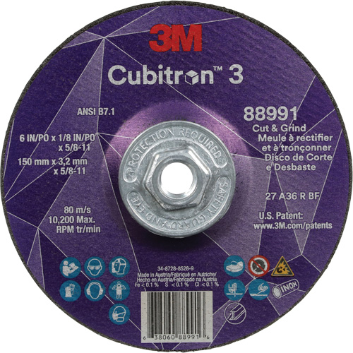 Meule &agrave; rectifier et &agrave; tronçonner Cubitron 3, 6" x 1/8", Arbre de 5/8"-11, Type 27, Grain de 36, C&eacute;ramique Equipex
