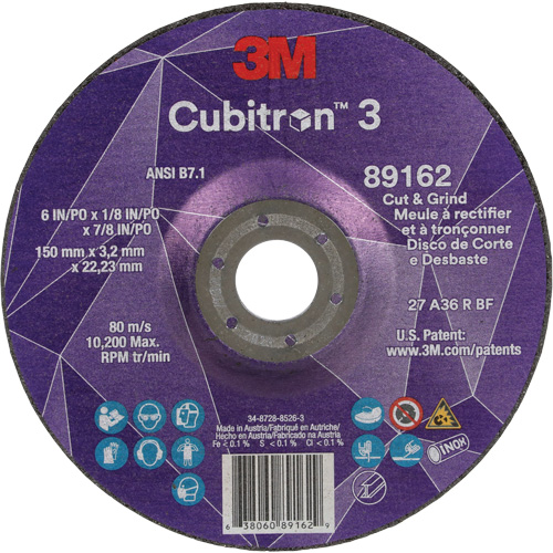 Cubitron 3 Cut and Grind Wheel, 6" x 1/8", 7/8" Arbor, Type 27, 36 Grit, Ceramic Equipex