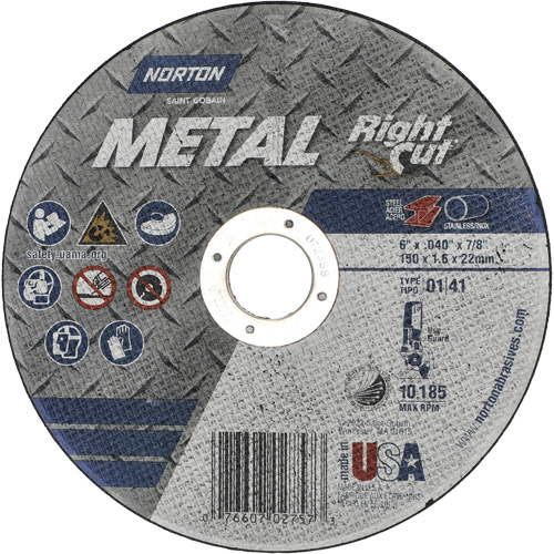 Metal RightCut Right Angle Cut-Off Wheel, 6" x 0.04", 7/8" Arbor, Type 01/41, Aluminum Oxide, 10185 RPM Equipex