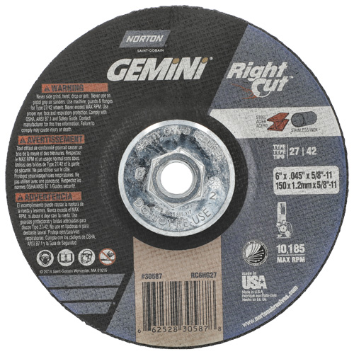 Gemini RightCut Right Angle Cut-Off Wheel, 6" x 0.045", 5/8"-11 Arbor, Type 27/42, Aluminum Oxide, 10185 RPM Equipex