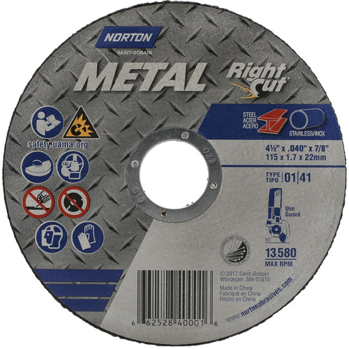 Metal RightCut Right Angle Cut-Off Wheel, 4-1/2" x 0.045", 7/8" Arbor, Type 01/41, Aluminum Oxide, 13580 RPM Equipex