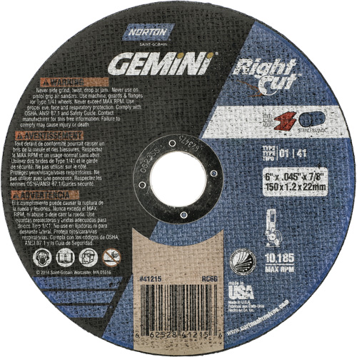 Gemini RightCut Right Angle Cut-Off Wheel, 6" x 0.045", 7/8" Arbor, Type 01/41, Aluminum Oxide, 10185 RPM Equipex