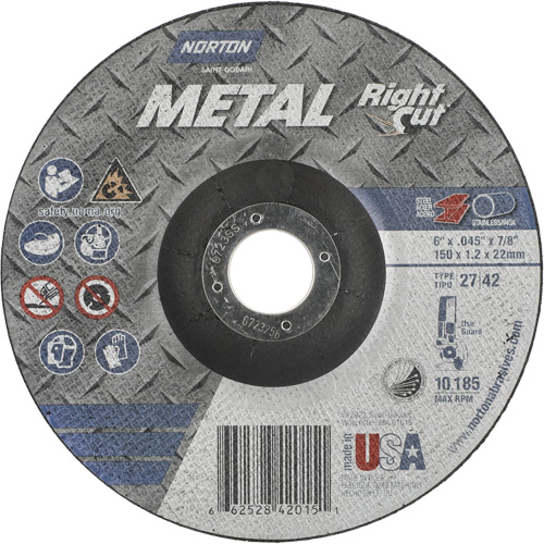 Metal RightCut Right Angle Cut-Off Wheel, 6" x 0.045", 7/8" Arbor, Type 27/42, Aluminum Oxide, 10190 RPM Equipex