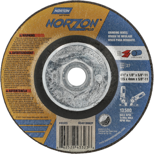 Disque de meulage et tronçonnage NorZon Plus SGZ CA, 4-1/2" x 1/8", Arbre de 5/8"-11, Type 27, C&eacute;ramique d'alumine Equipex
