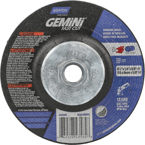 Gemini Grinding Wheel, 4-1/2" x 1/4", 5/8"-11 Arbor, Aluminum Oxide, Type 27 Equipex