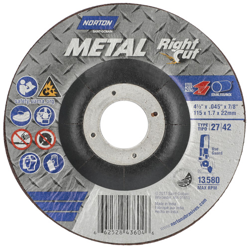 Metal RightCut Right Angle Cut-Off Wheel, 4-1/2" x 0.045", 7/8" Arbor, Type 27, Aluminum Oxide, 13580 RPM Equipex