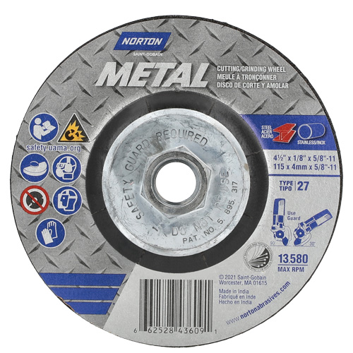 Metal Grinding & Cutting Wheel, 4-1/2" x 1/8", 5/8"-11 Arbor, Type 27, Aluminum Oxide Equipex