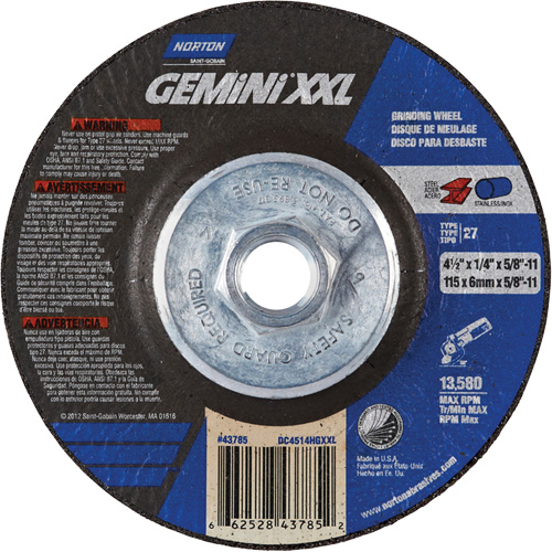 Gemini XXL Grinding Wheel, 4-1/2" x 1/4", 5/8"-11 Arbor, Aluminum Oxide, Type 27 Equipex