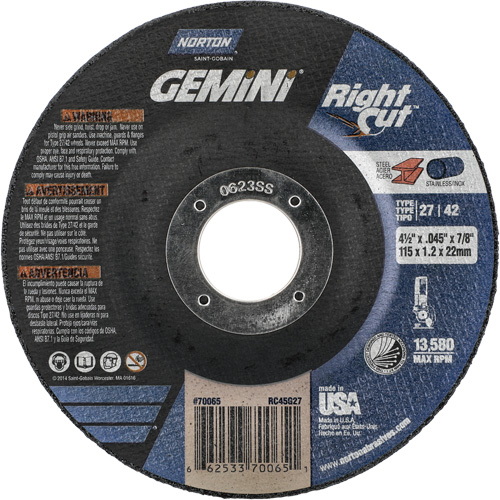 Gemini RightCut Right Angle Cut-Off Wheel, 4-1/2" x 0.045", 7/8" Arbor, Type 27/42, Aluminum Oxide, 13580 RPM Equipex