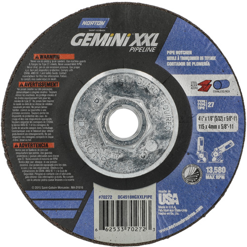 Gemini XXL Grinding & Cutting Wheel, 4-1/2" x 1/8", 5/8"-11 Arbor, Type 27, Aluminum Oxide Equipex