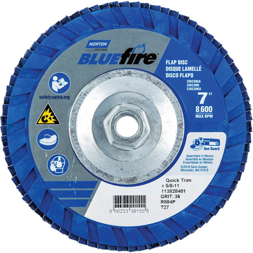 BlueFire&reg; Standard-Density Flap Disc, 7" x 5/8"-11, Type 27, P36 Grit, Zirconia Alumina Equipex