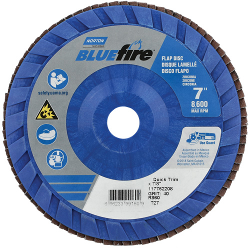 BlueFire Quick Trim Flap Disc, 7" x 7/8", Type 27, 40 Grit, Zirconia Alumina Equipex