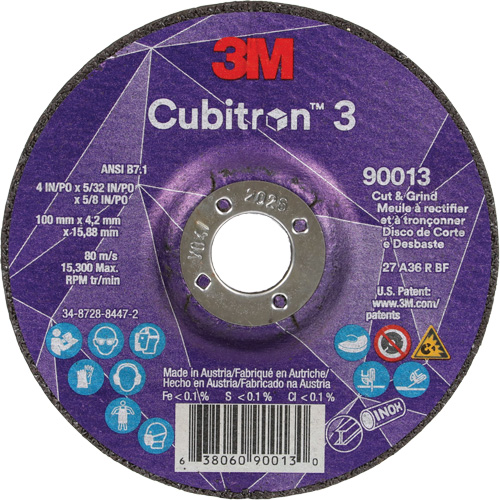 Meule &agrave; tronçonner Cubitron 3, 4" x 39/250", Arbre de 5/8", Type 27, Grain de 36, C&eacute;ramique Equipex
