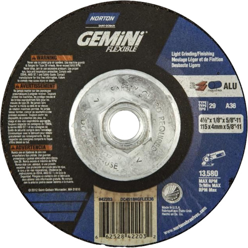 Gemini Flexible A AO Grinding and Cutting Wheel, 4-1/2" x 1/8", 5/8"-11 Arbor, Type 29, Aluminum Oxide, 13580 RPM Equipex