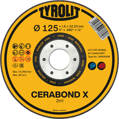 CERABOND X Cut-Off Wheel for Steel & Stainless Steel, 4-1/2" x 0.45", 7/8" Arbor, Type 1, Ceramic, 12250 RPM Equipex