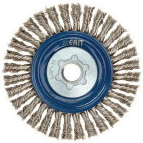 Brosse &agrave; fils nou&eacute;s pour cordons de soudure pour meuleuse angulaire, Dia. 5", Fils 0,02", Arbre 5/8"-11, Acier inoxydable Equipex