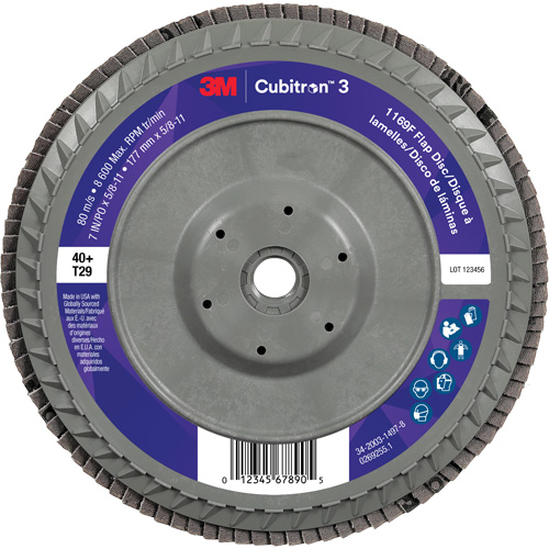 Disque &agrave; lamelles conique 1169F Cubitron 3 &agrave; changement rapide, 7" x 5/8"-11, Type T29, Grain 40+, C&eacute;ramique Equipex