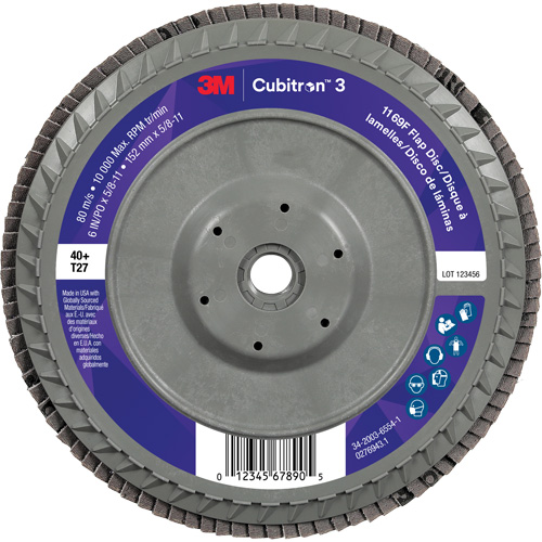 Cubitron 3 Flat Flap Disc with Quick Change 1169F, 6" x 5/8"-11, Type T27, 40+ Grit, Ceramic Equipex