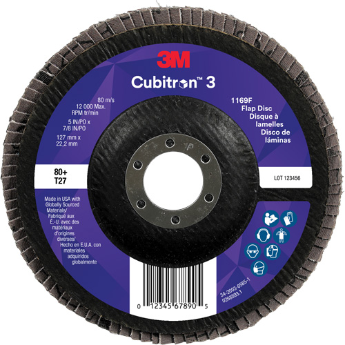 Disque &agrave; lamelles plate 1169F Cubitron 3, 5" x 7/8", Type T27, Grain 80+, C&eacute;ramique Equipex