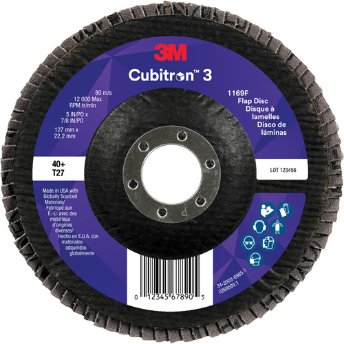 Cubitron 3 Flat Flap Disc 1169F, 5" x 7/8", Type T27, 40+ Grit, Ceramic Equipex
