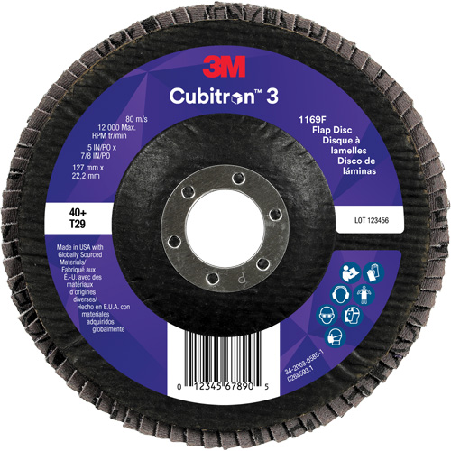 Disque &agrave; lamelles conique 1169F Cubitron 3, 5" x 7/8", Type T29, Grain 40+, C&eacute;ramique Equipex