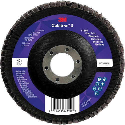 Cubitron 3 Flat Flap Disc 1169F, 4-1/2" x 7/8", Type T27, 40+ Grit, Ceramic Equipex