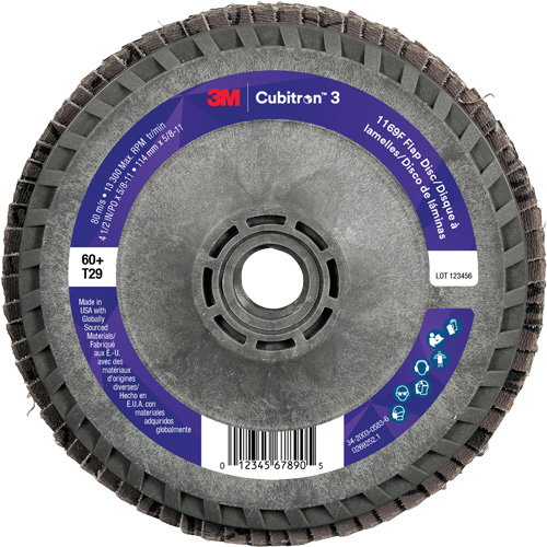 Disque &agrave; lamelles conique 1169F Cubitron 3 &agrave; changement rapide, 4-1/2" x 5/8"-11, Type T29, Grain 60+, C&eacute;ramique Equipex