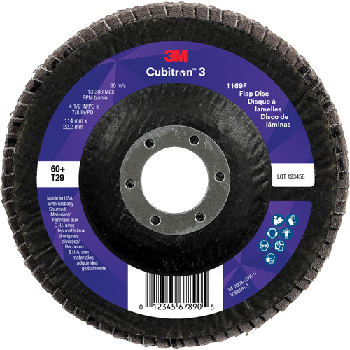 Disque &agrave; lamelles conique 1169F Cubitron 3, 4-1/2" x 7/8", Type T29, Grain 60+, C&eacute;ramique Equipex