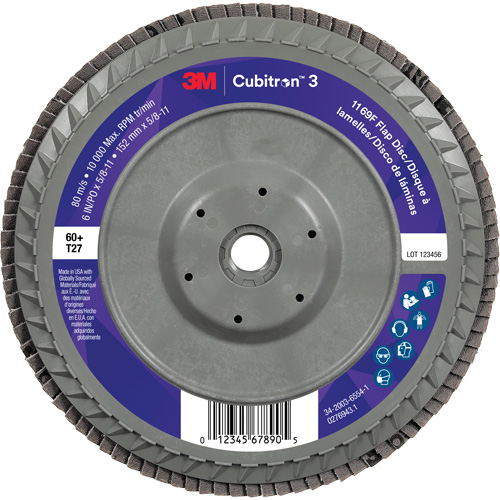 Cubitron 3 Flat Flap Disc with Quick Change 1169F, 6" x 5/8"-11, Type T27, 60+ Grit, Ceramic Equipex