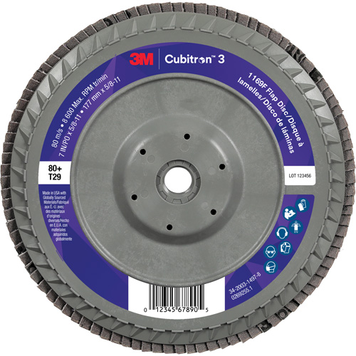 Cubitron 3 Conical  Flap Disc with Quick Change 1169F, 7" x 5/8"-11, Type T29, 80+ Grit, Ceramic Equipex