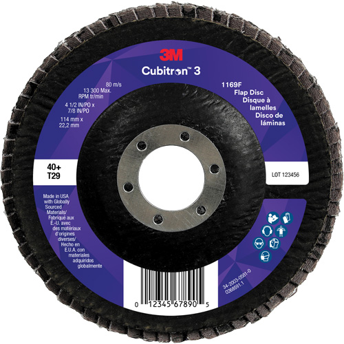 Disque &agrave; lamelles conique 1169F Cubitron 3 &agrave; changement rapide, 4-1/2" x 7/8", Type T29, Grain 40+, C&eacute;ramique Equipex