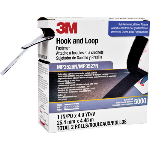 Attache autoagrippante r&eacute;utilisable, Boucle et crochet, 5 vg x 1", Adh&eacute;sif, Noir Equipex