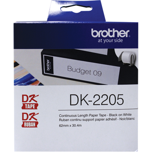 DK Series Continuous Length Label Tape, Paper, Black on White, 2-1/2" Width Equipex