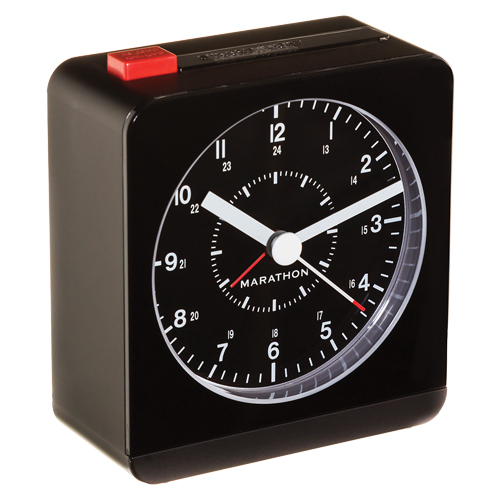 Desk Alarm Clock, Analog, Battery Operated, 3.5" W x 1.5" D x 3.75" H, Black Equipex