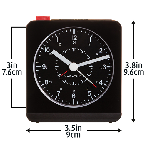 Desk Alarm Clock, Analog, Battery Operated, 3.5" W x 1.5" D x 3.75" H, Black Equipex