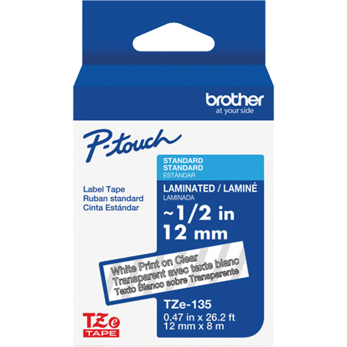 Ruban lamin&eacute; pour P-Touch, 12 mm x 8 m, Blanc sur transparent Equipex