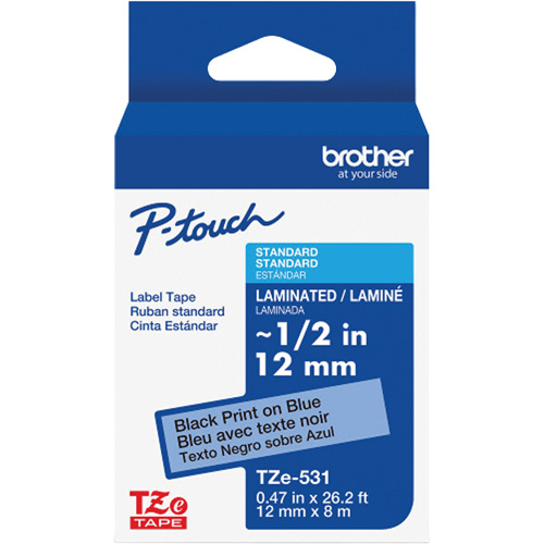 Ruban lamin&eacute; pour P-Touch, 12 mm x 8 m, Noir sur bleu Equipex