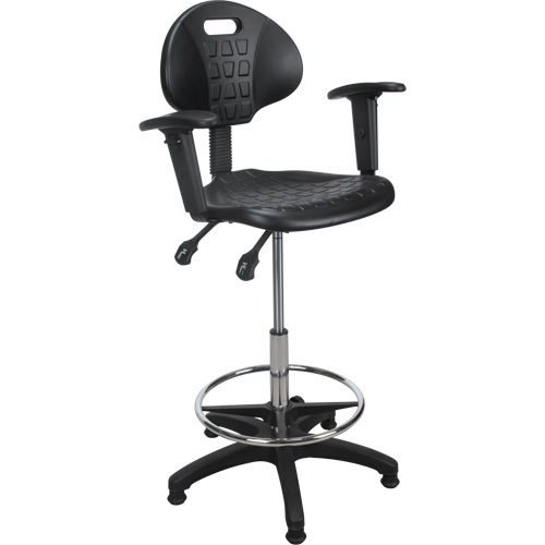 Tabouret ergonomique robuste avec accoudoirs r&eacute;glables, Stationnaire, Ajustable, 39" - 48", Polyur&eacute;thane Si&egrave;ge, Noir Equipex