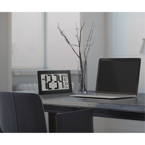 Self-Setting & Self-Adjusting Wall Clock with Stand, Digital, Battery Operated, Black Equipex
